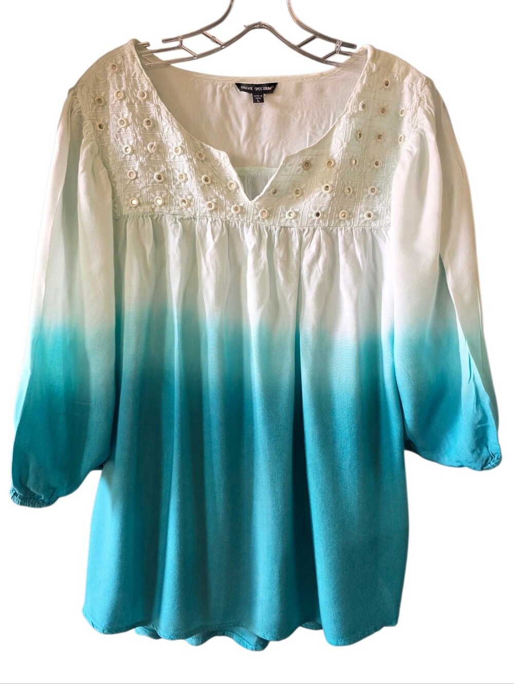 Unique Spectrum White to Teal Ombre Peasant Blouse Size Large